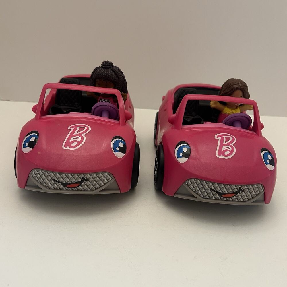 Set of 2 Fisher-Price Little People Barbie Convertible Cars w/Figure Pink Sounds